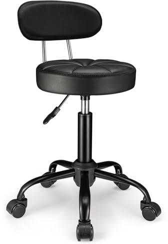 FNZIR Drehhocker auf Rädern, höhenverstellbar, Rollhocker mit Rückenlehne, PU-Leder-Sitzpolster schwarz