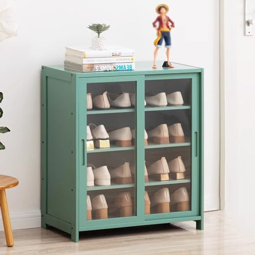 Mueble Zapatero con Puertas correderas bidireccionales, Zapatero Vertical de bambú de 4/8 Niveles con Puertas acrílicas, Zapatero Estrecho para salón, Entrada