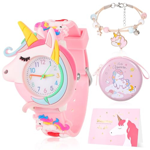 Vspek Kinderuhr Mädchen Kinder Armbanduhr Kinder Uhren Cute 3D Cartoon Mädchenuhr Silikon Stilvolle Uhrenarmband Kinderuhr für Mädchen ab 3-10 Jahre Mit Grußkarte, Geldbörse, Armband