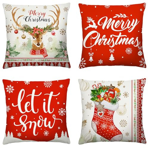 patinadrift 4 Stück Weihnachtskissen 45x45 Weihnachten Kissenbezug Rentier Merry Christmas Kissen Let It Snow Winter Kissenbezüge Weihnachtskissen Deko für Zuhause Sofa Wohnzimmer Auto
