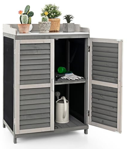 HOMASIS Armario de jardín de Madera, Cobertizo de Almacenamiento con Tablero de Metal y 2 estantes, Cobertizo de Herramientas Impermeable para jardín, terraza, Patio, Trasero, 67x47x100cm, Gris