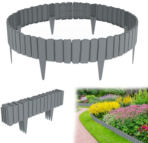 YRHome Holzoptik Robuste Rasenkante Gartenzaun Beetumrandung Robuste Rasenkante Gartenpalisade Dekorativer Gartenabgrenzung Palisadenzaun Natürliche Palisade - Grau 4.8m