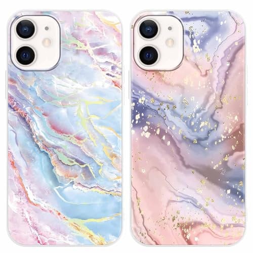 Pnakqil [2 Packs Marble Print Phone Case for iPhone 12 / iPhone 12 Pro 6,1, Liquid Silicone Shockproof Protection Case for Girls Women with Aesthetic Design Cute Floral Patterns Soft Slim Cover, 03