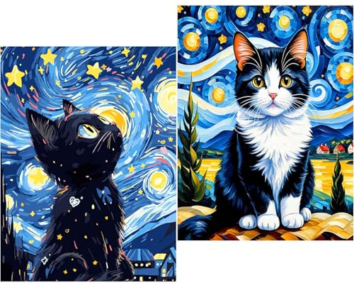 luckyarina Lot de 2 peintures par numéros pour filles de 5, 6, 7 ans - Chat noir - Peinture par numéros pour enfants, animaux Paint by Numbers avec 3 pinceaux et peinture acrylique pour décoration de
