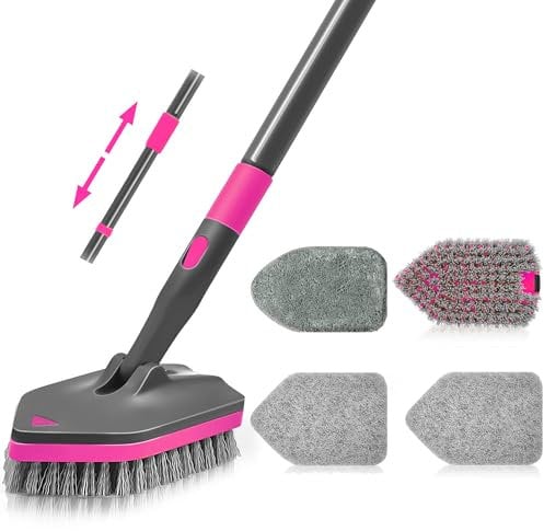 NEWE Bathroom Cleaning Brush, Shower Tub Tile Scrubber, 142 cm Telescopic Long Handled Scrubbing Cleaner Mop, 4 Scrub Heads for Bathtub Floor Baseboard Sink Kitchen Toilet (Grey Red)