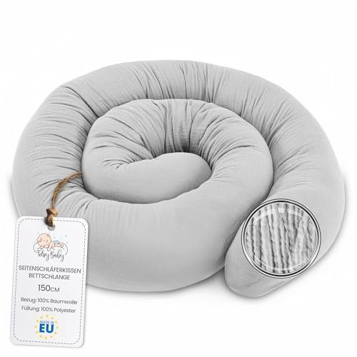 Totsy Baby Seitenschläferkissen Musselin Bettschlange Body Pillow 150 cm Baumwolle - Kopfkissen lang Bettrolle Schlafkissen Nackenrolle Oeko-Tex Grau Musselin