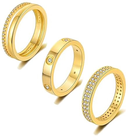 Guyode 3 Stück Ringe Set, Gold Ring Stapelbar, Ringe Wasserfest 14K Vergoldete, Goldring Damen Persönlichkeit, Verlobungsring Damen Gold für Valentinstag Muttertag Jubiläum Geburtstag (59,5 mm)