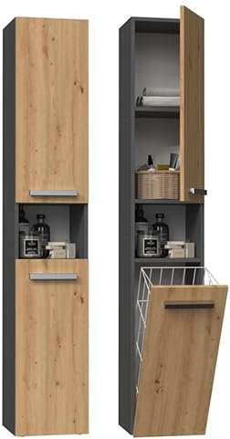 BDW Badezimmerschrank, Wäschekorb, 2 - Türen 174 x 31 x 30cm Unterschrank, Waschbeckenunterschrank, Hochschrank, Badmöbel, Bad-Hochschrank, Badregal, NEL III (Anthrazit/Artisan-Eiche)