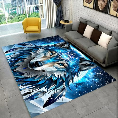 Blau Traumfänger Wolf Indianer Stil Teppich, Gaming Teppich Schlafzimmer Teenager Junge Männer - Flanell & Anti-Rutsch-Teppich -Geeignet für Wohnzimmer, Spielzimmer, Sofa-Fußmatten, 140x200 cm