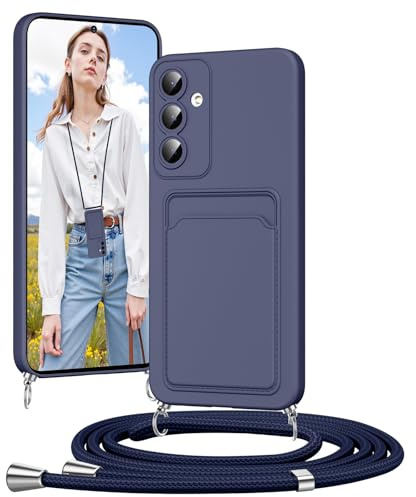 Vauki Handyband Silikon Hülle für Samsung Galaxy A55 mit Band, Handyhülle mit Kartenfach, Abnehmbar Einstellbar Kordel Kette zum Umhängen, Stoßfeste Schutzhülle Case für Schnur (Dunkelblau)