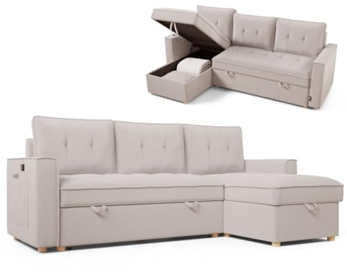 Nalui - Sofa Cama Chaise Longue Haven 213x129x81cm Reversible con Arcón de 127,6L. Sofa de Salon 3 Plazas Convertible en Cama de 122 x 190 cm. Incluye Bolsillos y Tejido 360º, Gris Claro