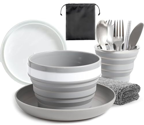 Muorruo Juego de Plato de Camping, Cuenco, Taza, Set de Cubiertos para 1 Persona, Set de Plato y Cuenco de Camping Plegable, Vajilla para Senderismo, Viajes y Exterior, Gris