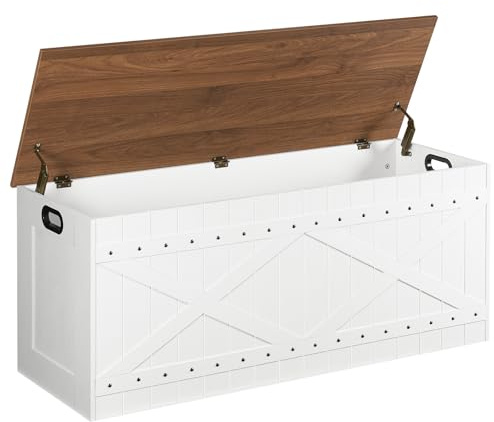 MAHANCRIS 47.2 Storage Chest, Extra Large Toy Box with 2 Safety Hinges, Wooden Toy Chest, Storage Bench with Rivets, Storage Trunk for Bedroom, Living Room, Entryway, White and Brown SCBZ18501