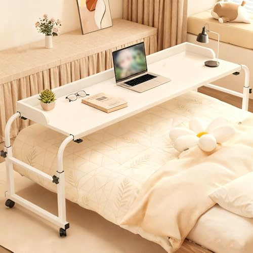 Bed Table Height Adjustable Overbed Table with Wheels | 120-210cm Mobile Over Bed Desk with 65cm-95cm Adjustable Stand, Mobile Laptop Cart Computer Desk for Bed, Sofa or Office Use