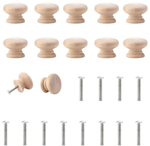 SISI UK Solid Pine Wood Cabinet Knobs with Screws 40mm Mushroom Drawer Knobs Door Pull Handles for Kitchen Cupboards & Wardrobe Doors Pack of 12