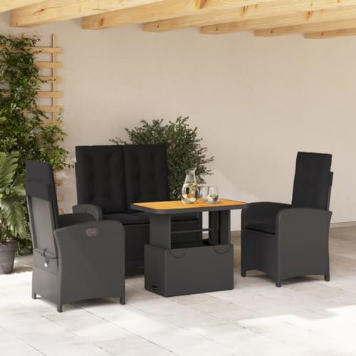 Holamys 4-TLG. Garten-Essgruppe mit Kissen Schwarz Poly Rattan, Verstellbarer Tisch, 2 Relaxsessel, Gartenbank, wetterfestes Outdoor Patio Möbelset