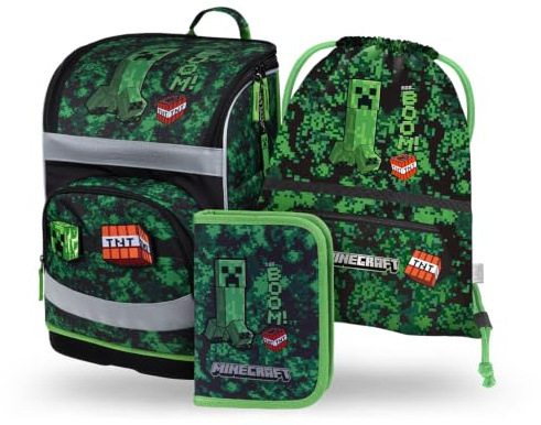 Baagl Schulranzen Jungen Mädchen Set 3 Teilig 21 l - Minecraft Boom | Ergonomischer Schulrucksack und Grundschule Ranzen mit Brustgurt bietet als Zippy Schultasche Platz für Federmäppchen.