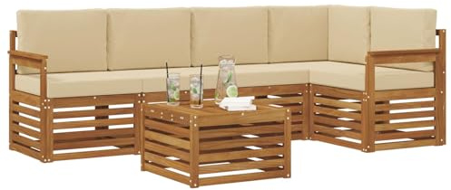 vidaXL Sofagarnituren 6 pcs Natur und Beige Massivholz Akazie, Moderner Outdoor-Sofa, strapazierfähiges Möbel für Garten, Bequeme Lounge-Sitzgruppe für die Terrasse