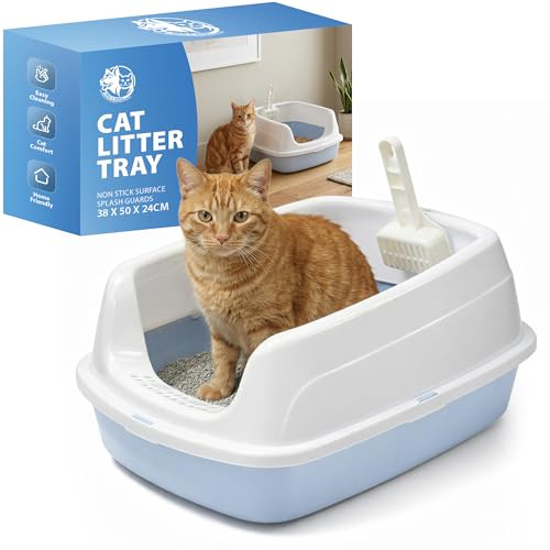 Rex & Roxy Cat Litter Tray | Litter Tray With Scoop | Cat Littering Box | Kitten Littering Trays With Open Top, Large Trays With Detachable Rim, Non Stick Surface, Splash Guards | 50x38x24cm (Blue)
