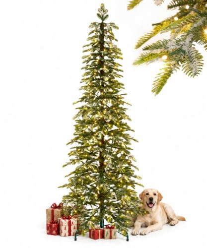 Yorbay Künstlicher Weihnachtsbaum Tannenbaum Schmal: 440 LEDs 210 cm | Beschneite Dichte Zweige für Naturgetreue Tannenoptik - Weihnachtsbaum mit Beleuchtung Spart Platz in Flur und Wohnzimmer