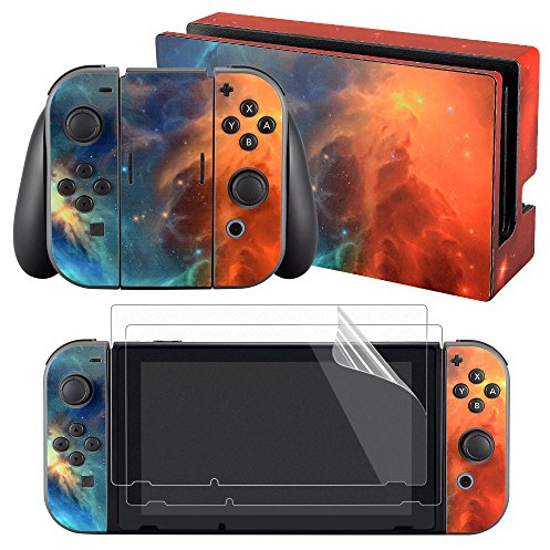 eXtremeRate Aufkleber Sticker Skin Decal Folie Abziehbild Faceplates Kleberfolie mit 2 Displayschutzfolie für Nintendo Switch/NS Konsole&Joy-Con&Dock&Griff(Orange Galaxie)