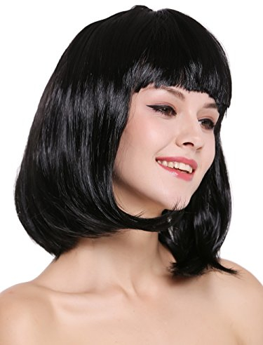 WIG ME UP - 0073-3-P103 Perücke Damenperücke Karneval Longbob Bob schulterlang glatt Pony schwarz