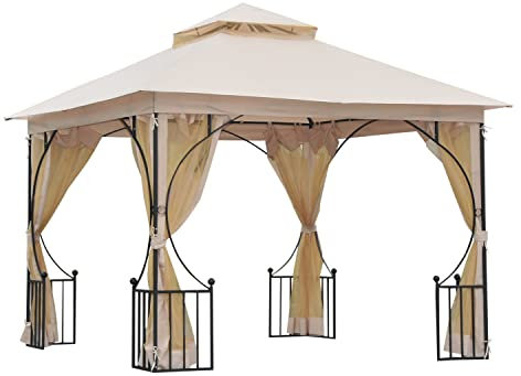 Outsunny 3 x 3m Garden Gazebo Patio Party Tent Shelter Outdoor Canopy Double Tier Sun Shade with Metal Frame and Netting, Beige