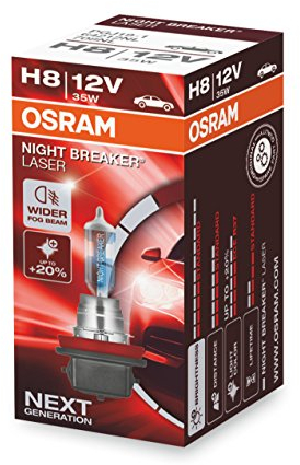 OSRAM NIGHT BREAKER LASER H8, +150% more brightness, halogen headlight lamp, 64212NL, 12V, folding box (1 lamp)