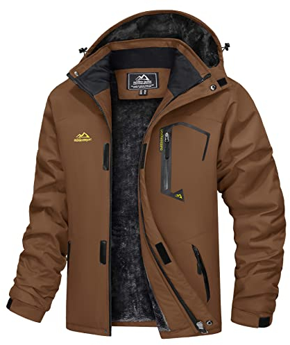 TACVASEN Fleece Jackets Mens Full Zip Waterproof Sports Jacket Snowboarding Travel Walking Cold Ski Skiing Coat Winter Windbreaker Outwear Coffee Brown