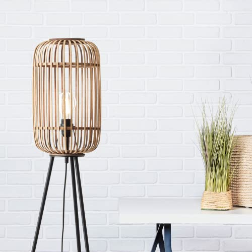 Lightbox Stehlampe mit Rattan Lampenschirm | Dreibein Standleuchte mit Fuß-Druck-Schalter als Schlafzimmer oder Wohnzimmer Deko | E27 Fassung | Standleuchte aus Metall & Bambus in Schwarz & Hell-Braun