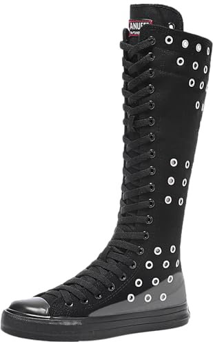 Jamron Donna Tela Tacco a Zeppa Stivali al Ginocchio con Cerniera Occhielli Nero SN813-1 EU36