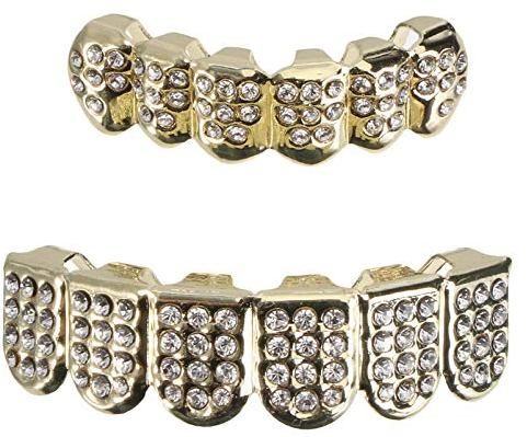 EXCEART Hip Hop Teeth Grills Fake Punk Hip Hop Zähne Mund Oben Unten Diamond Strass Zähne Grillz Halloween Musikfestival Party Hip Hop Rapper Kostüm Zubehör Dekoration Ornament Golden