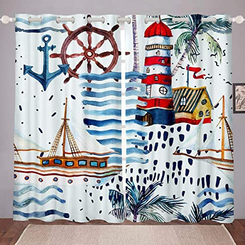 Loussiesd Nautical Decor Window Curtain Panels for Girls Boys Children Sailboat Anchor Rudder Window Drapes Ocean Themed Blackout Drapes Palm Leaf Curtains Sea Adventure W46*L72
