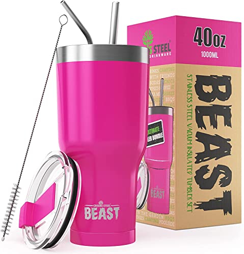 Beast Thermobecher 1050 ml - Cup Cake Pink I Mehrweg Thermo Kaffeebecher To Go mit 2 Strohhalmen & Reinigungsbürste I Doppelwandiger Trinkbecher aus Edelstahl I Perfekt für Kaffee oder Eiskaffee