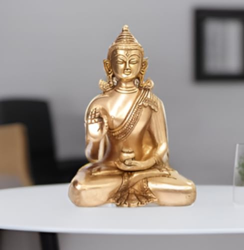 Purpledip Brass Idol Lord Buddha: Vintage goldene Statue in Vitarka Mudra oder Preaching-Haltung (10512A)