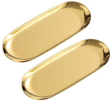 Sweieoni Oval Tablett 2 Stück Spiegel Tablett GoldenTablett Kleine Gegenstände Tablett Kosmetiktabletts Edelstahl Tablett Aufbewahrungstablett für Lebensmittel, Schmuck, Kosmetik(Golden,23 cm*9.5 cm