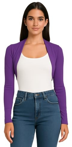 STAR FASHION Bolero Shrug Damen Shrugs Langarm Mini Bluse Damen Bolero Cardigan Cropped Top Open Front Einfarbig Casual Sommerkleidung Größe 36 bis 54, violett, 46-48