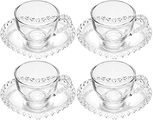 Sizikato Lot de 4 tasses et soucoupes en verre transparent de 88 ml avec soucoupe en forme de cœur