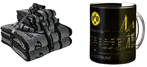 Borussia Dortmund BVB-Frottier-Set bestehend aus 2 Handtüchern (50x100cm), 2 Gästehandtüchern (30x50cm) und 2 Waschlappen & BVB-Zauberglas