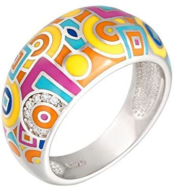 Jeulia Damen Sterling Silber Ring Mehrfarbig Emaille Blumen Geometrisch Diamant Band Ring für Frauen Mädchen Breiter Ring Party Schmuck Personalisierte Anniversary Geschenk (62(19.8), Geometric)