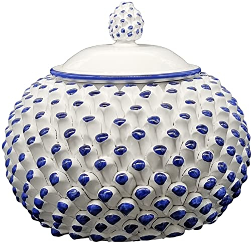 sicilia bedda - BISCOTTIERA PIGNA IN CERAMICA DI CALTAGIRONE - Realizzata interamente a Mano (Diametro 30 Centimetri - Fantasia Blu)