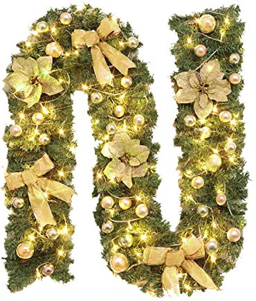 Girlande Weihnachten, 2.7m/9ft Weihnachtsgirlande mit Lichtern Weihnachtsdeko Balkon Christmas Garland für Treppengeländer Tür Kamine Innen Außen (Flower)