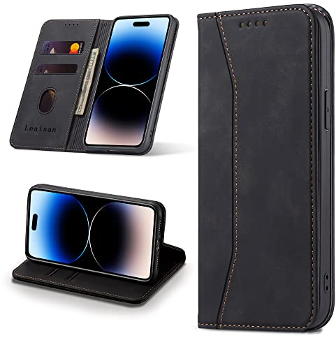 Leaisan Handyhülle für iPhone 14 Pro Hülle Premium Leder Flip Klappbare Stoßfeste Magnetische [Standfunktion] [Kartenfächern] Schutzhülle für iPhone 14 Pro 5G Tasche - Schwarz