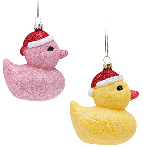 Toyland® Packung mit 2 – 12 cm glitzernden festlichen Weihnachtskugeln in Entenform – Weihnachtsbaumschmuck (1 PINK, 1 GELB)