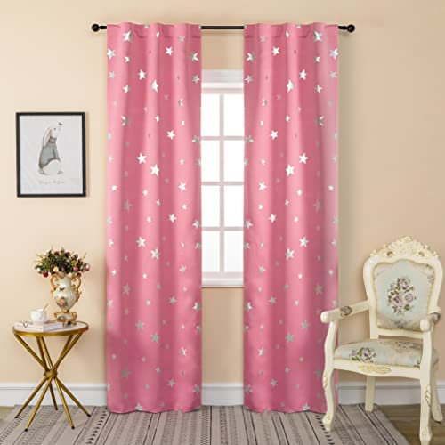GIRASOLE HOME® Coppia Tende Oscuranti Morbide Fantasia Stelle Argentate Tenda Morbida per Interni con Tasca e Passanti Nascosti 2 Pannelli (Rosa, 70x235cm)
