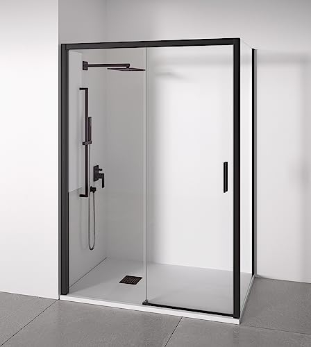 Mampara de ducha angular 1 corredera + 2 fijos - sin perfilería inferior - Cristal transparente templado 6mm - Negro mate - Ancho adaptable 115-120 x 67-70cm - Posición puerta derecha - Alto 195cm