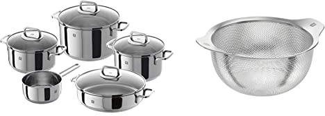 Zwilling Quadro Set batería de cocina 5 piezas, Acero Inoxidable, 1 cm, 58 x 35 x 30 cm & 39643-020-0 Colador Mesa, Acero inoxidable, 20 cm