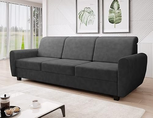 MODERNO Sofa mit Schlaffunktion und Bettkasten Milo - Sofa mit 3 Sitzen - Schlafcouch Wohnzimmer - Schlafsofa mit Kopfkissen und Holzfüße - Modern Couch 233x92x87 cm - Schwarz - Soro 100