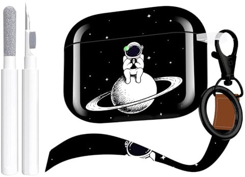 Youtec Kompatibel mit Airpod Pro Hülle mit Schlüsselanhänger/Schlüsselband/Reiniger-Set, Airpod Pro Hülle, Apple Airpods Pro Hülle, Hülle für Airpods Pro [Front LED sichtbar], schwarzer Astronaut