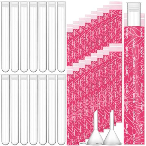 Tampon-Flachmann-Set, enthält 14 wiederverwendbare Kunststoffflaschen mit einem Fassungsvermögen von 28 ml für Frauen, 16 Stück wiederverwendbare Tampon-Verpackungen, Trichter für Kreuzfahrt-Events,